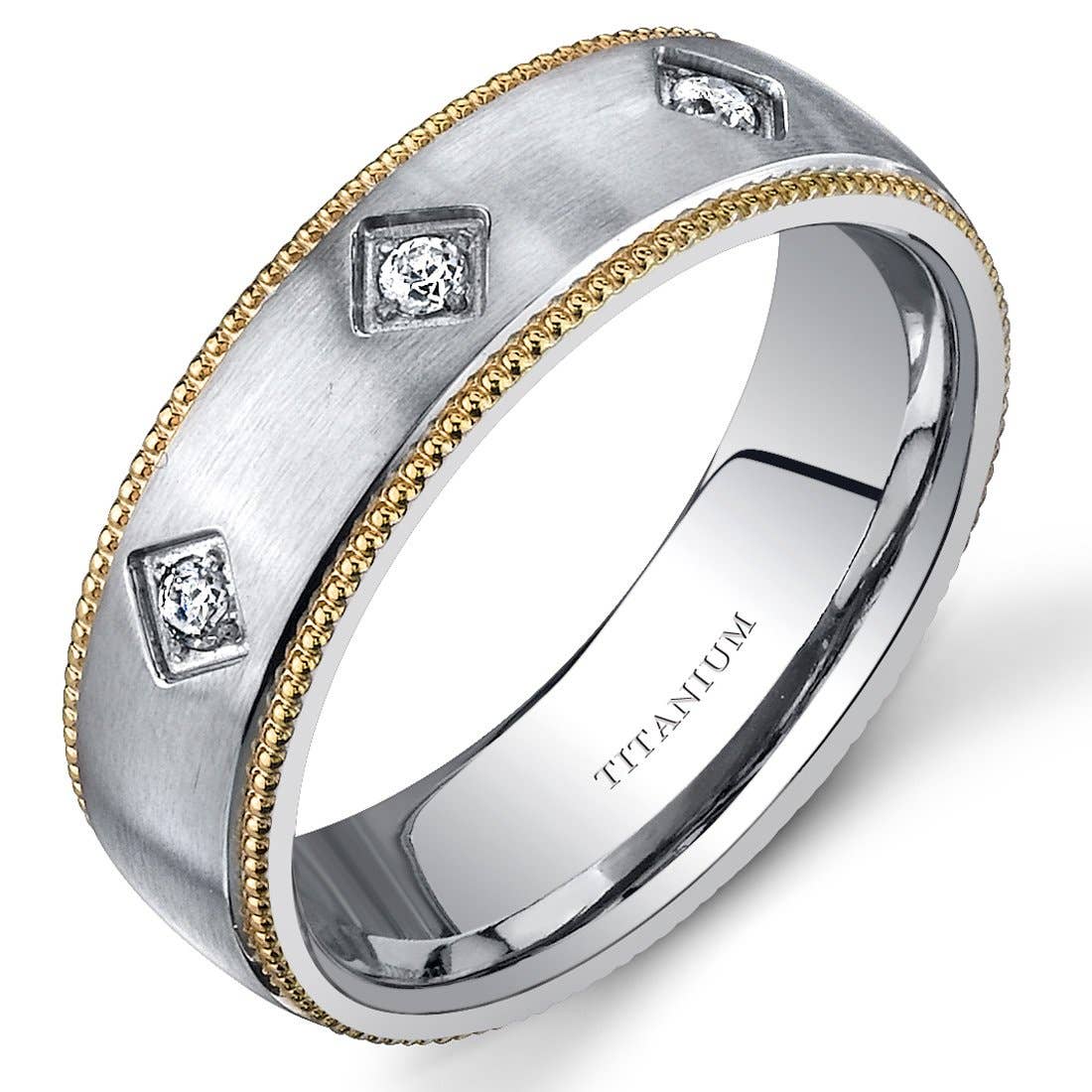 Titanium ring with gold accents and embedded cubic zirconia