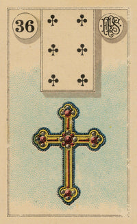 Card with a cross design and number 36 in the top left corner on a beige background.