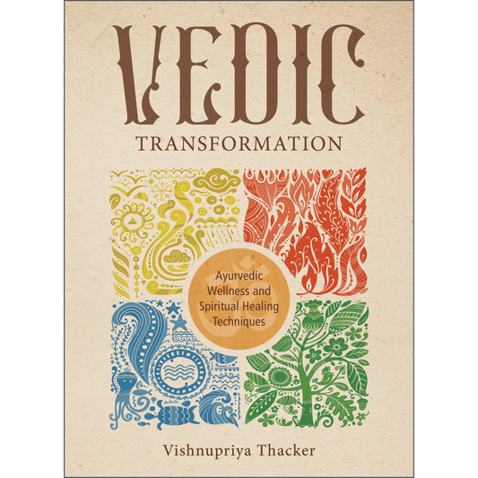 Book cover of 'Vedic Transformation' with decorative patterns and text about Ayurvedic wellness and spiritual healing.