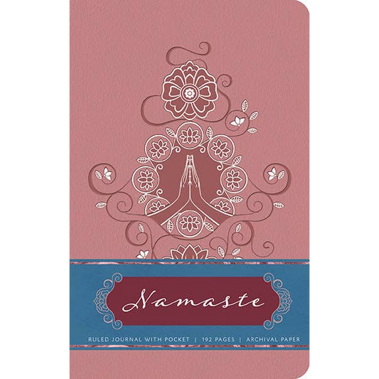 Pink journal with 'Namaste' design and text on a white background