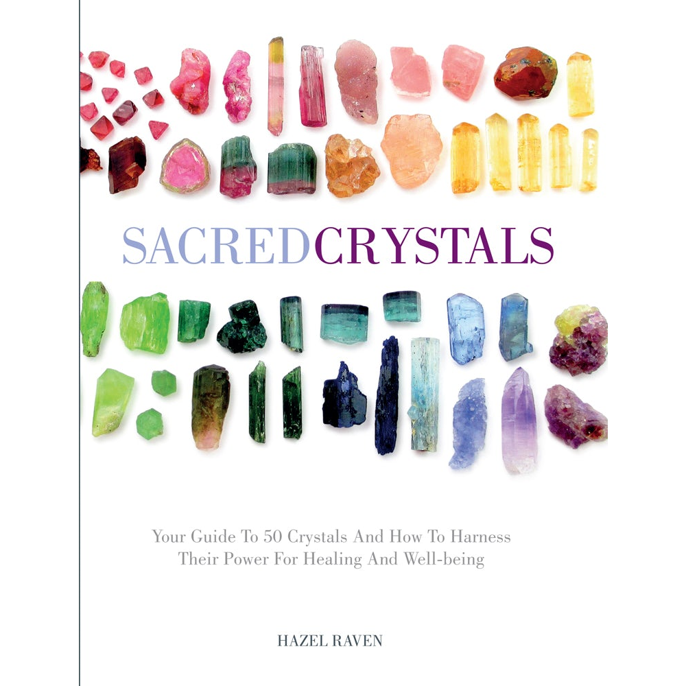 Book cover of 'Sacred Crystals' with colorful crystals and author's name on a white background