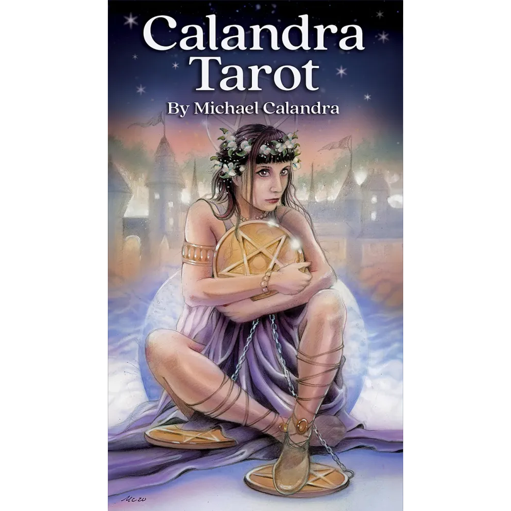 Book cover of 'Calandra Tarot' by Michael Calandra featuring a woman with a pentacle symbol.