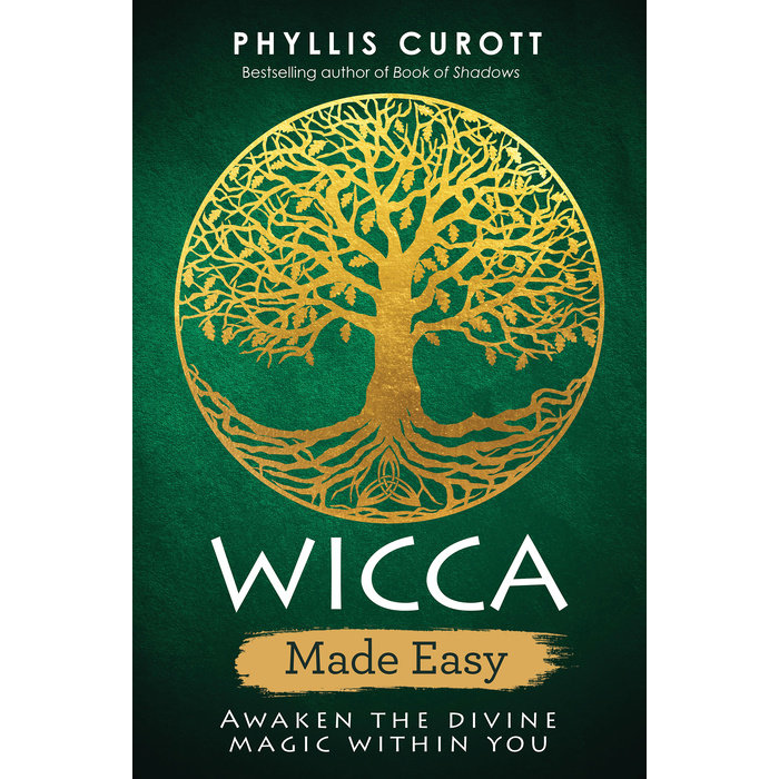 Book cover of 'Wicca Made Easy' by Phyllis Currott with a gold tree design on a green background.