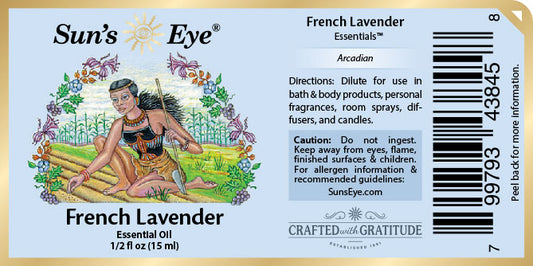 Sun's Eye French Lavender essential oil label with illustration of a woman and product details.