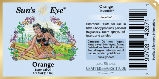 Sun's Eye Orange Essential Oil label with artistic design and text.