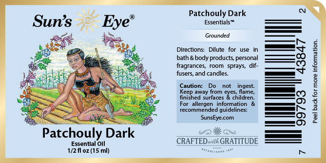 Sun's Eye Patchouly Dark essential oil label with illustration of a woman and text.