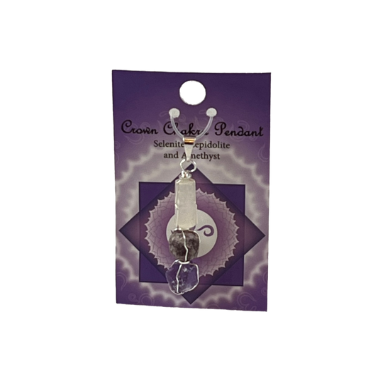 crown chakra pendant 2.5" selenite, lepidolite, amethyst