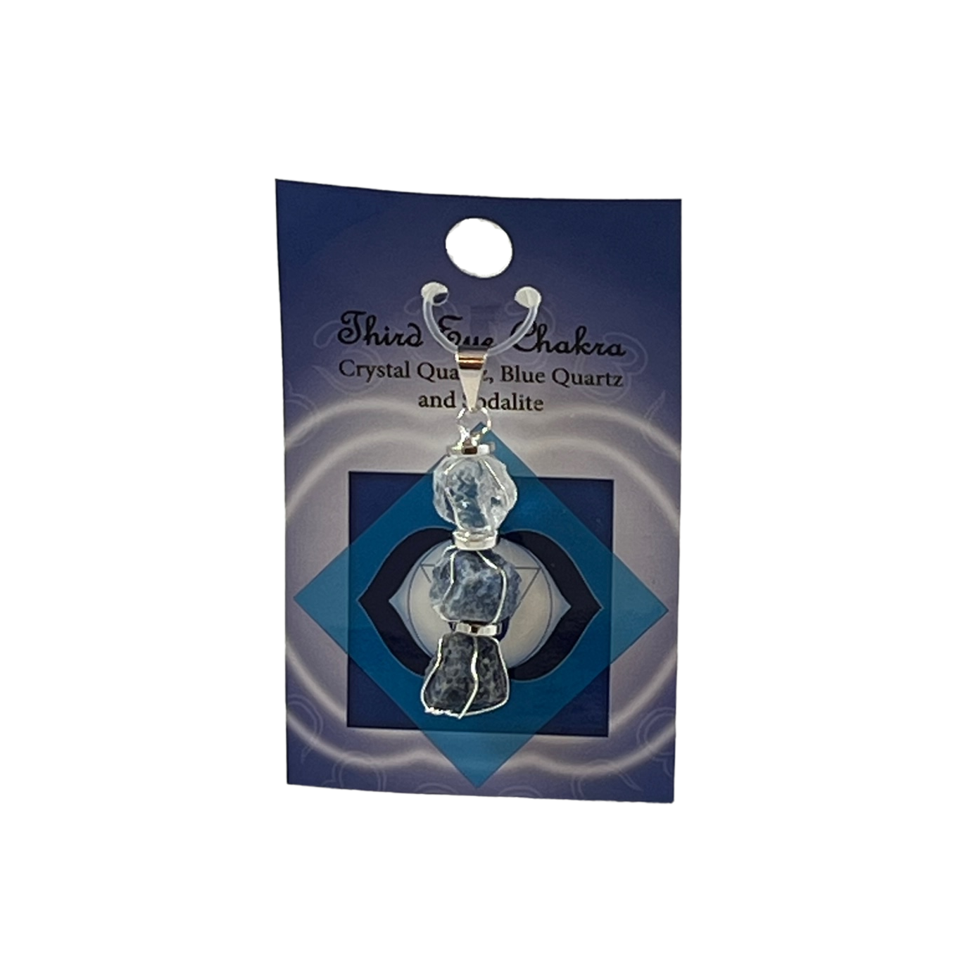 third eye chakra pendant 2.5". clear quartz, blue quartz, sodalite