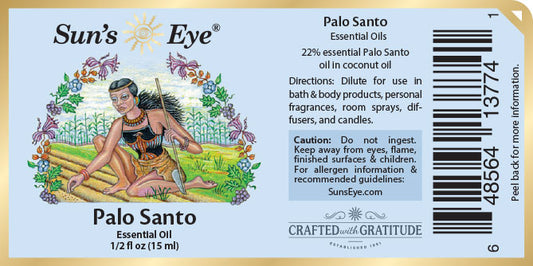 Sun's Eye Palo Santo essential oil label with illustration of a Native American figure and floral elements.