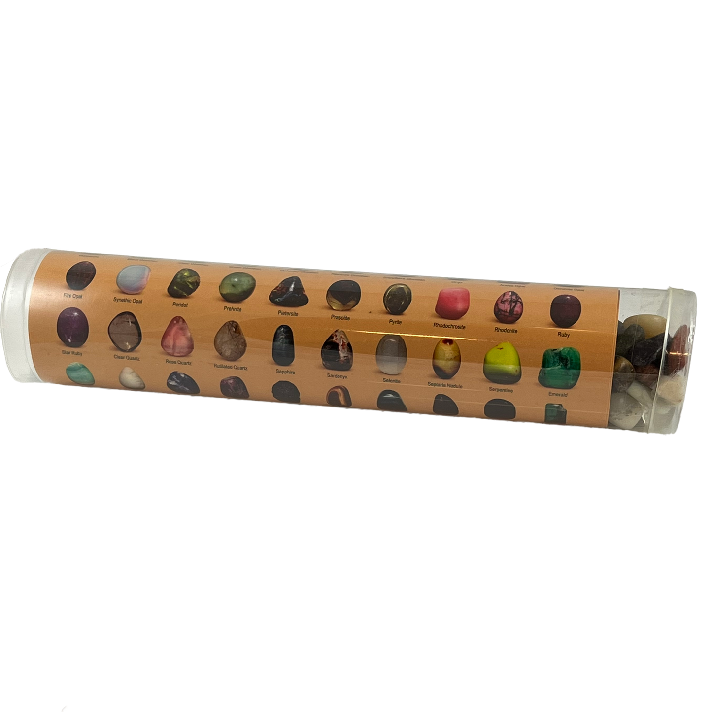 tumbled stones in tube with identifying poster