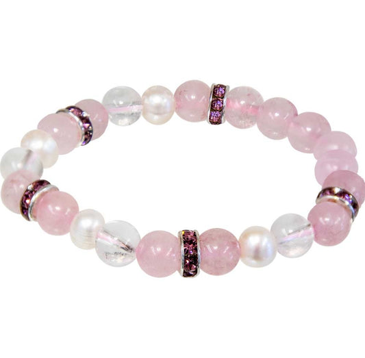 8mm bracelet w/ rose quartz, clear quartz, and pearls