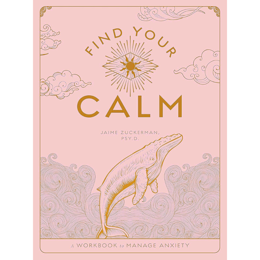 workbook cover of 'Find Your Calm' with a whale illustration on a pink background
