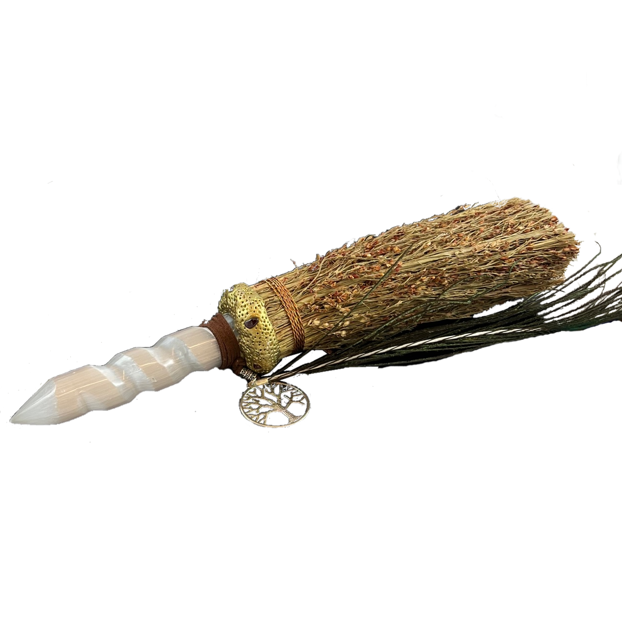 witch broom with 5"selenite swirl, 7" broom, tree charm and peacock feather