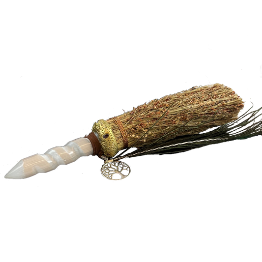 witch broom with 5"selenite swirl, 7" broom, tree charm and peacock feather