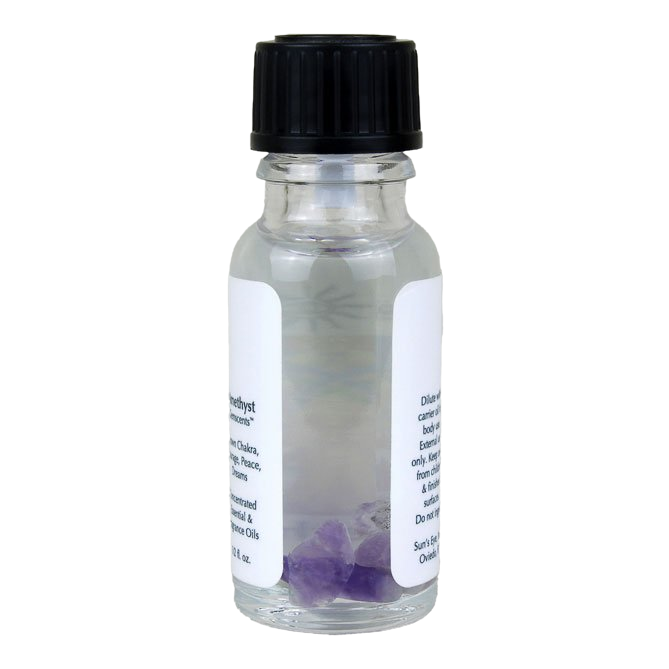 Small glass bottle with a black cap and purple crystals inside on a white background