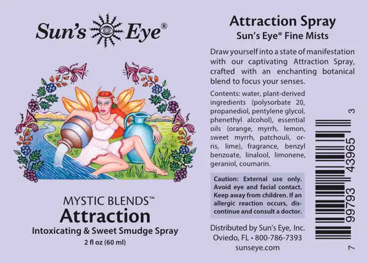Label of Sun's Eye Attraction spray with fairy illustration and product details.