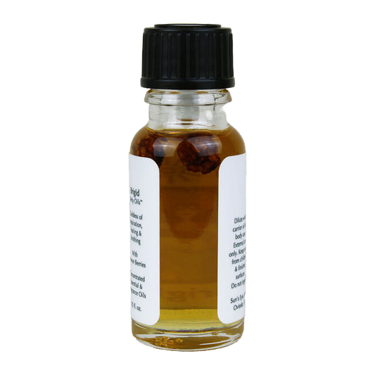 Small glass bottle with black cap and white label on a white background