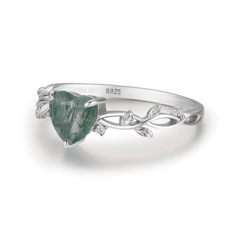 Ring - Heart Moss Agate with Leaf Sterling Silver