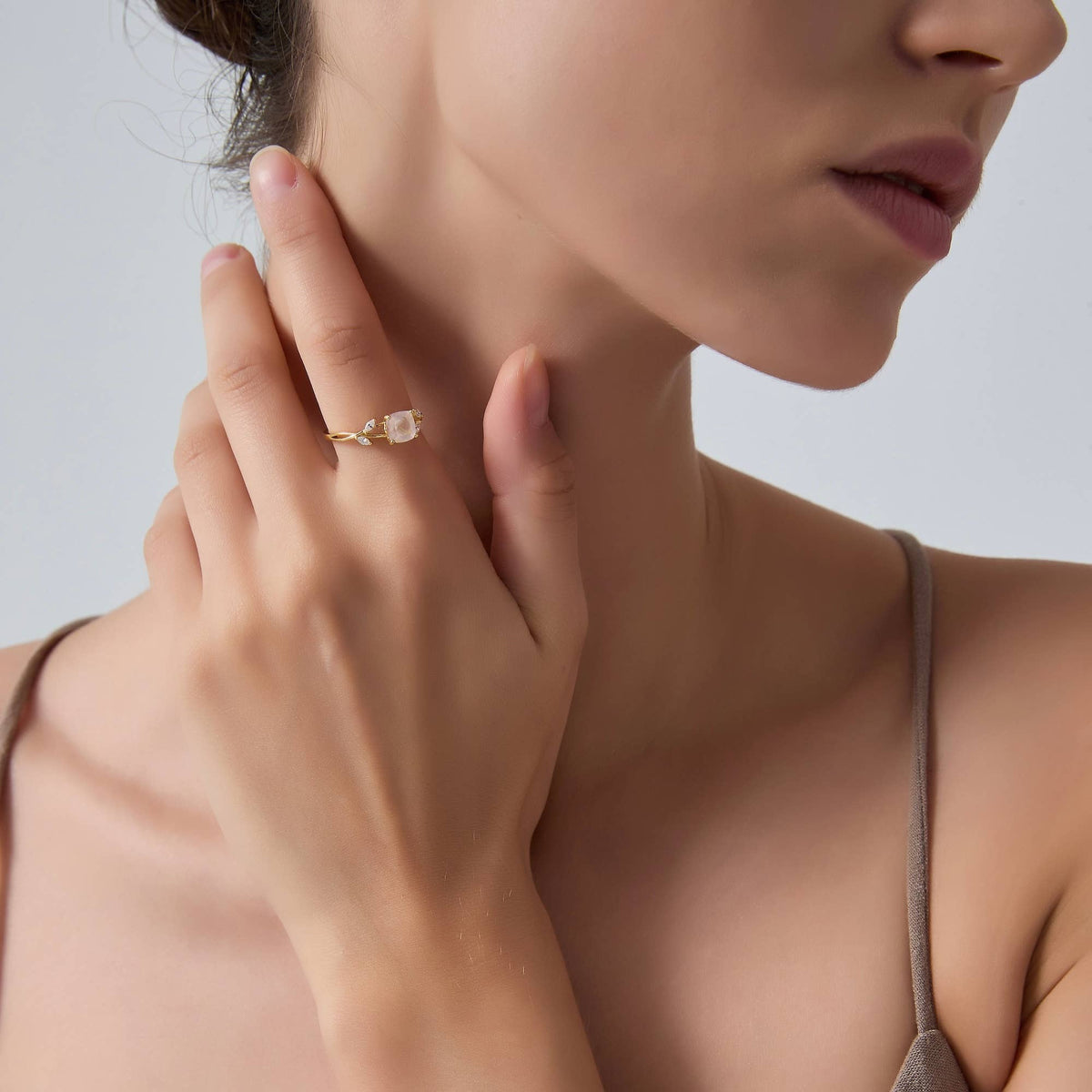 Ring - Rose Quartz with Leaf Sterling Silver