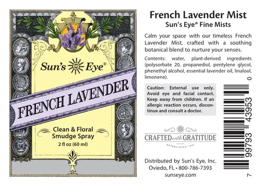 Label of French Lavender Mist by Sun's Eye with product details and branding.