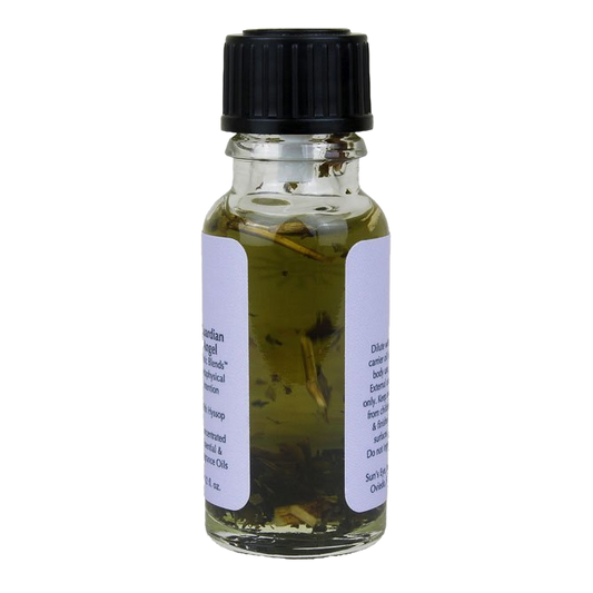 Small glass bottle with a black cap containing liquid and herbs on a white background