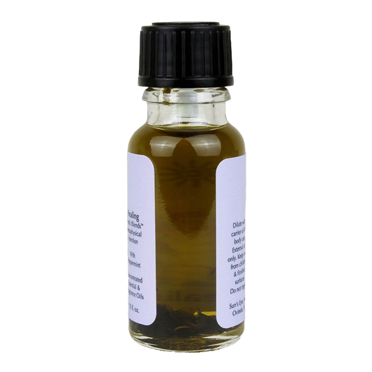 Small glass bottle with black cap and white label on a white background