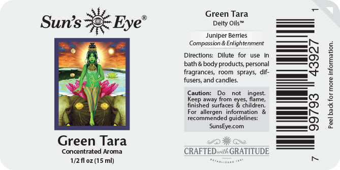 Label for Green Tara Delfy Oils by Sun's Eye with an illustration of a figure and product details.