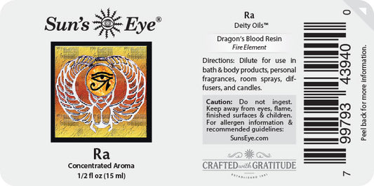 Sun's Eye Ra essential oil label with product details and branding.