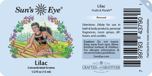 Sun's Eye Lilac concentrated aroma label with illustration and text.