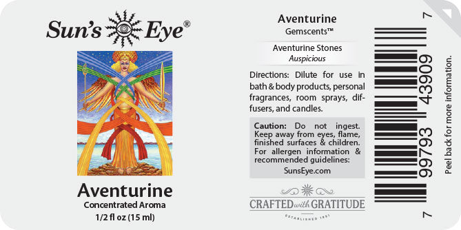 Sun's Eye Aventurine label with artistic depiction and product details.