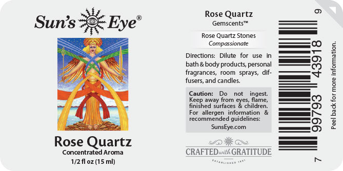 Sun's Eye Rose Quartz gemstone label with angelic illustration and product details.