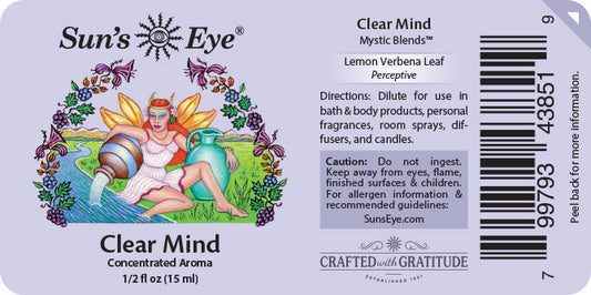 Sun's Eye Clear Mind Mystic Blends label with fairy illustration and product details.