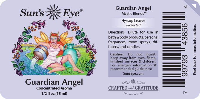 Sun's Eye Guardian Angel Mystic Blends label with fairy illustration and product details.