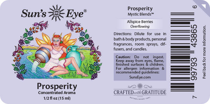 Sun's Eye Prosperity Mystic Blends label with fairy illustration and product details.