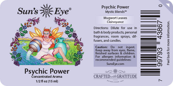 Sun's Eye Psychic Power label with fairy illustration and product details.