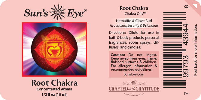 Label for Sun's Eye Root Chakra concentrated aroma with colorful design and text.