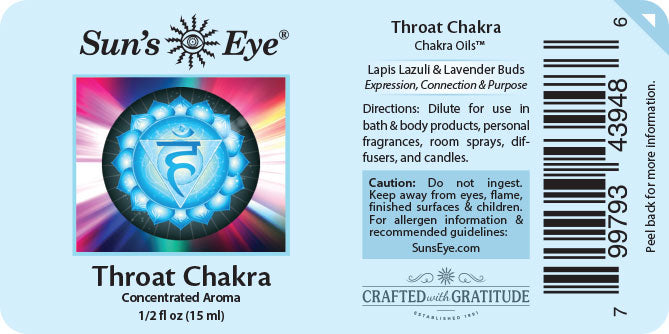 Sun's Eye Throat Chakra label with product details and branding.
