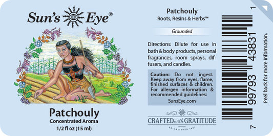 Sun's Eye Patchouli label with illustration of a woman and herbs