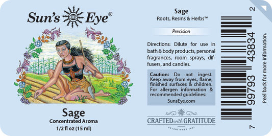 Sun's Eye Sage label with illustration of a woman and herbs, and product details.