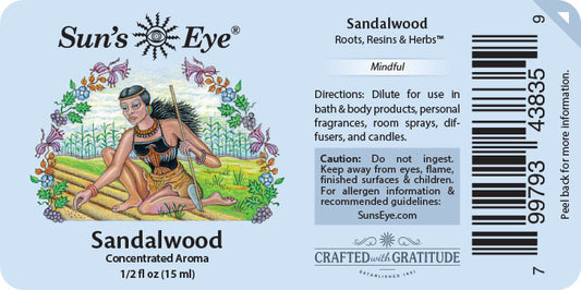 Sun's Eye Sandalwood label with illustration and text