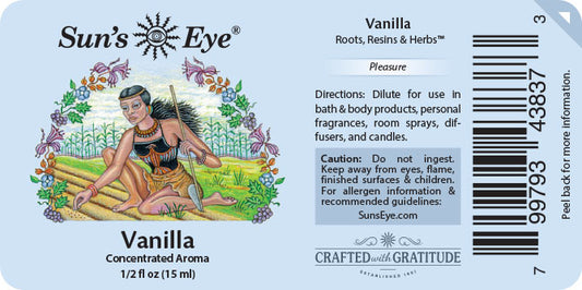 Sun's Eye Vanilla concentrated aroma label with illustration and text.
