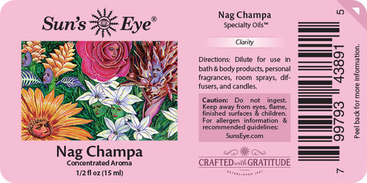 Sun's Eye Nag Champa specialty oils label with floral design and text.
