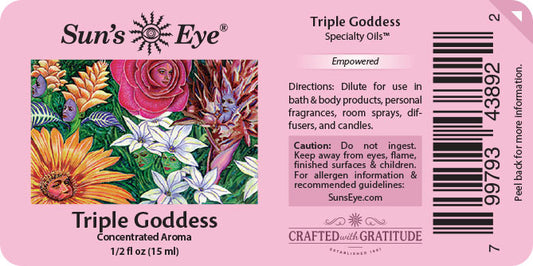 Sun's Eye Triple Goddess specialty oils label with floral design and product details.
