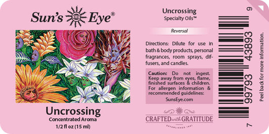 Sun's Eye Uncrossing specialty oils label with floral design and text.