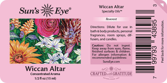 Sun's Eye Wiccan Altar specialty oils label with floral design and text.