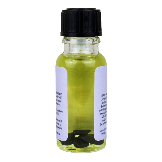 Small glass bottle with a black cap and a white label on a white background