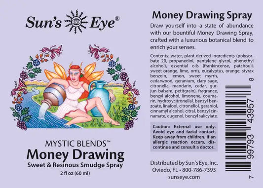 Label of Sun's Eye Money Drawing Spray with fairy illustration and product details.