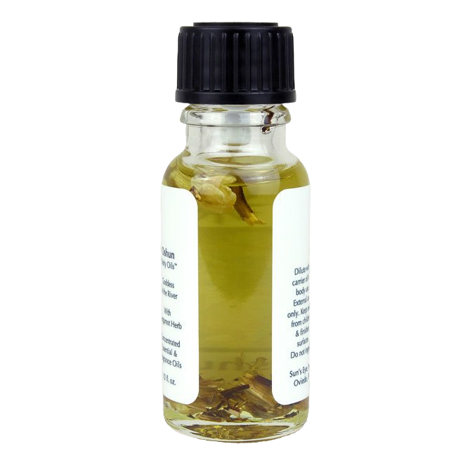 Small glass bottle with a black cap containing a liquid and herbs on a white background