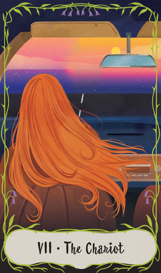 Illustration of a person with long red hair sitting in a car at sunset, tarot card 'The Chariot' style.
