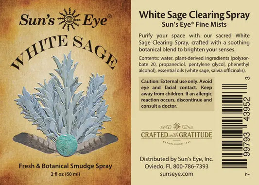 Label of Sun's Eye White Sage Clearing Spray with product details and branding.
